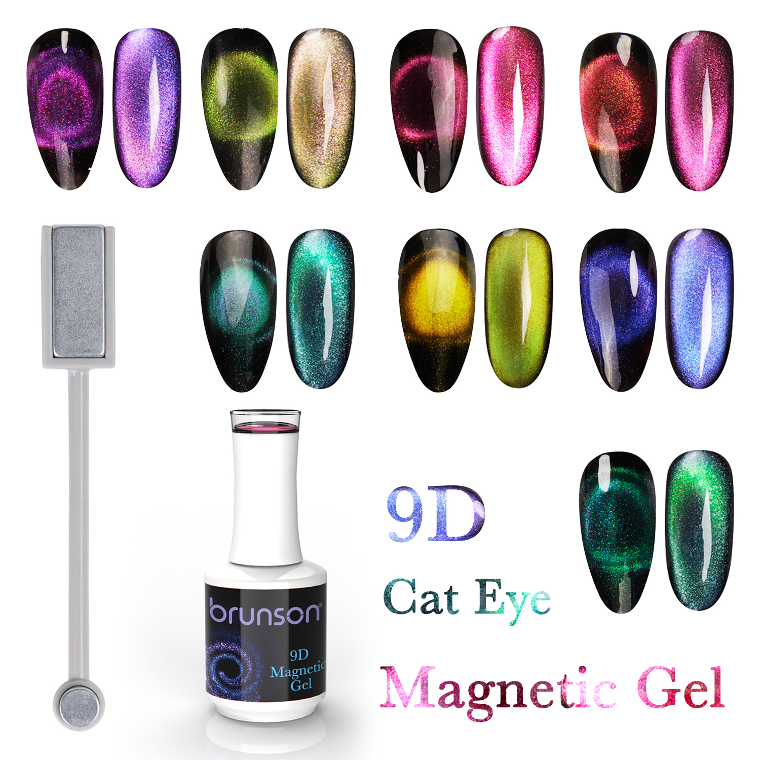 9D-Cat-Eye-Magnetic-Soak-Off-UV-Gel-Polish-Set of 8 Colors-Brunson