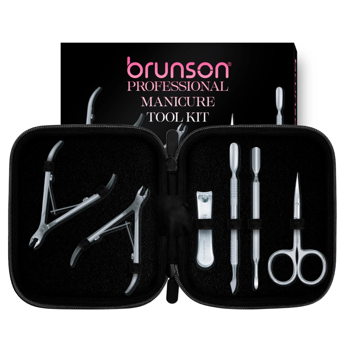 Brunson Professional Manicure Tool Kit open case with nippers, scissor and pushers